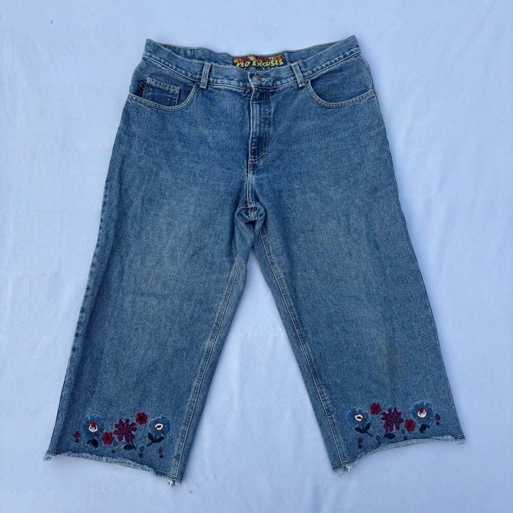 VTG No Excuses Live On Stage Embroidered Floral Denim Cropped Pants Size 15/16